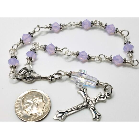 Wire-wrapped Handmade One Decade Rosary, Lilac Opal Crystal Beads - Picture 3 of 10